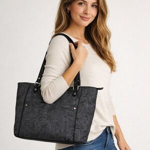 Sakroots Metro Nylon Charcoal Grey Tote Large Floral Mandala Print Shoulder Bag